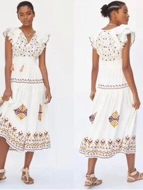 Anthropologie White Midi Dress with Yellow and Purple Embroidery